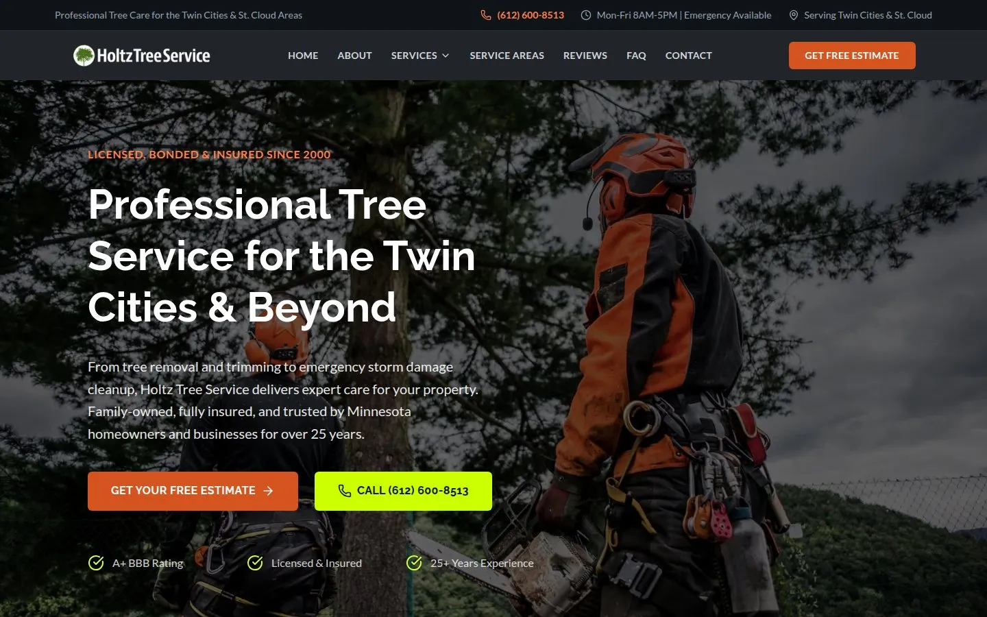 Home page of the Holtz Tree Service website