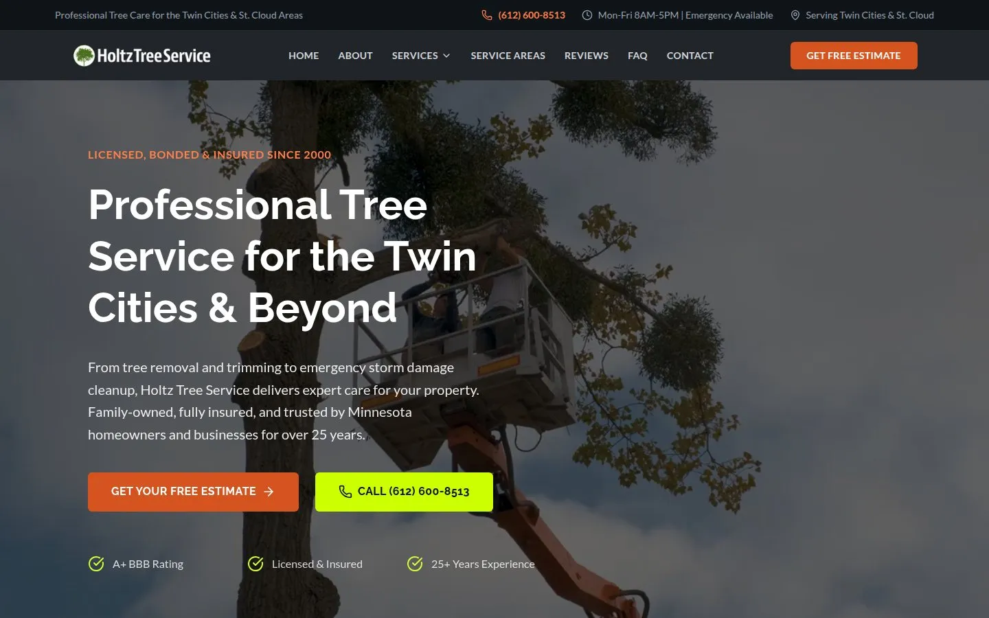 Home page of the Holtz Tree Service website