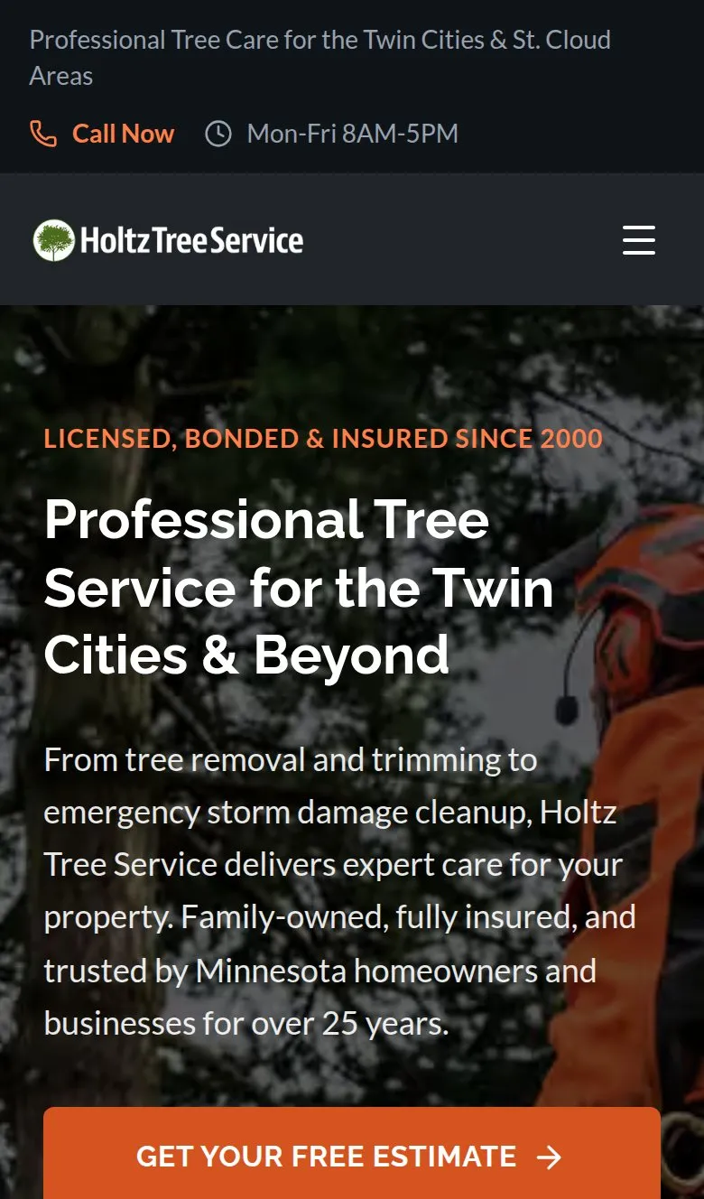 The Holtz Tree Service website on a phone