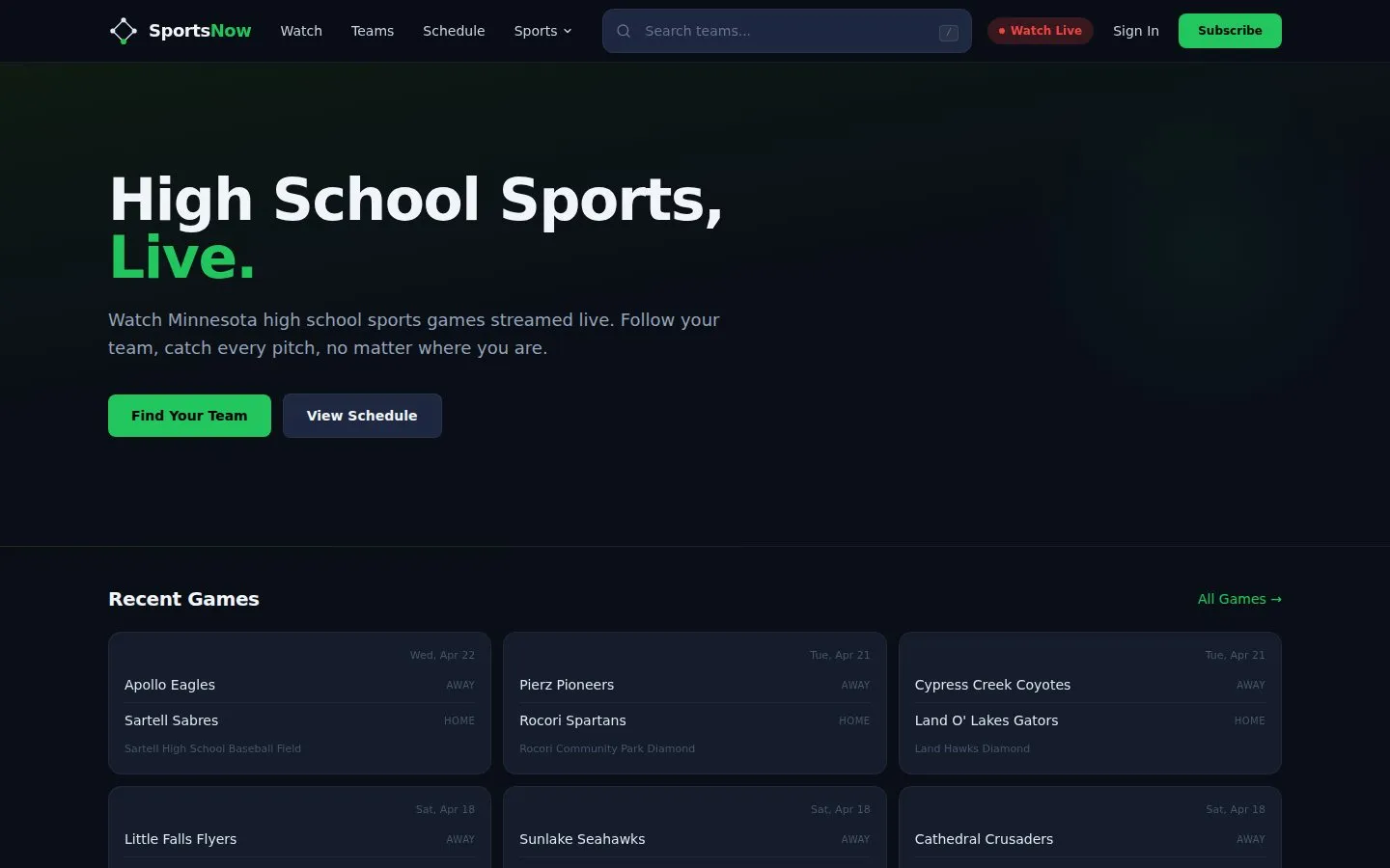Home page of the SportsNow website