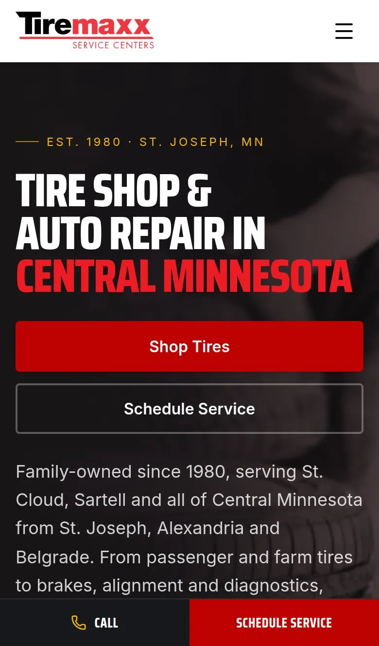 The Tiremaxx Service Centers website on a phone