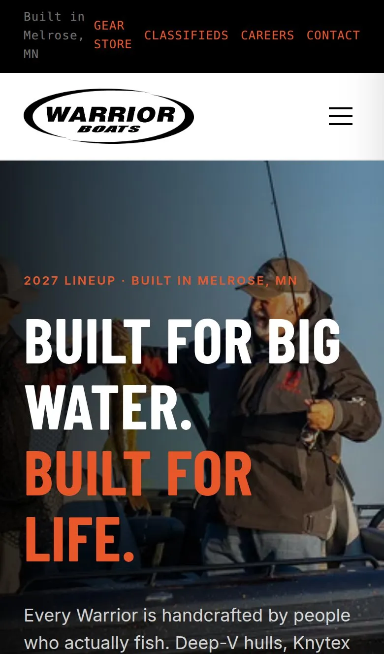 The Warrior Boats website on a phone