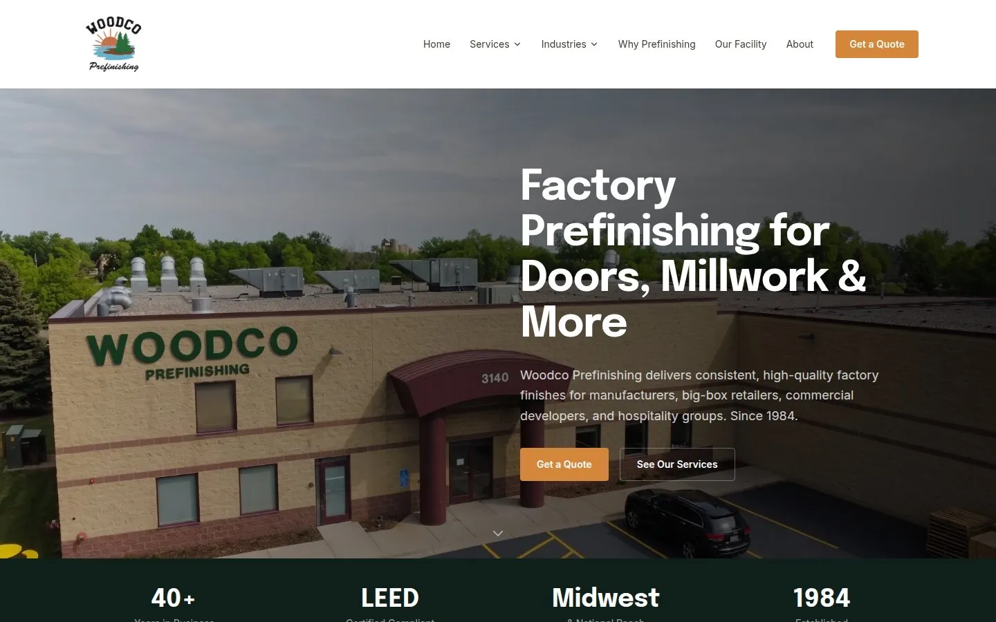 Home page of the Woodco Prefinishing website