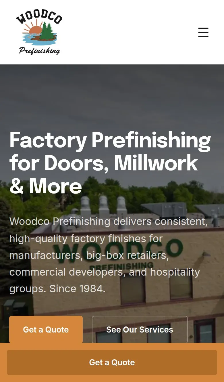 The Woodco Prefinishing website on a phone